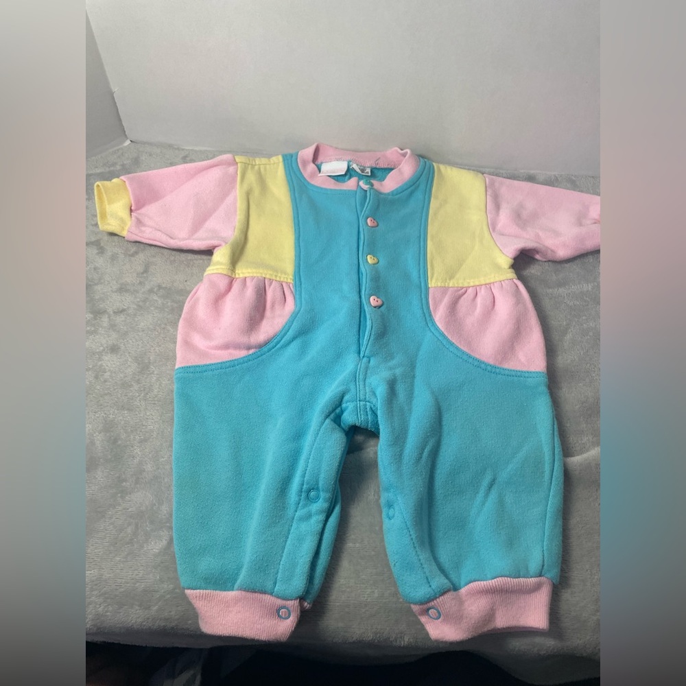 vintage Buster Brown pastel colorblock long-sleeve onesie romper outfit. 6/9 M